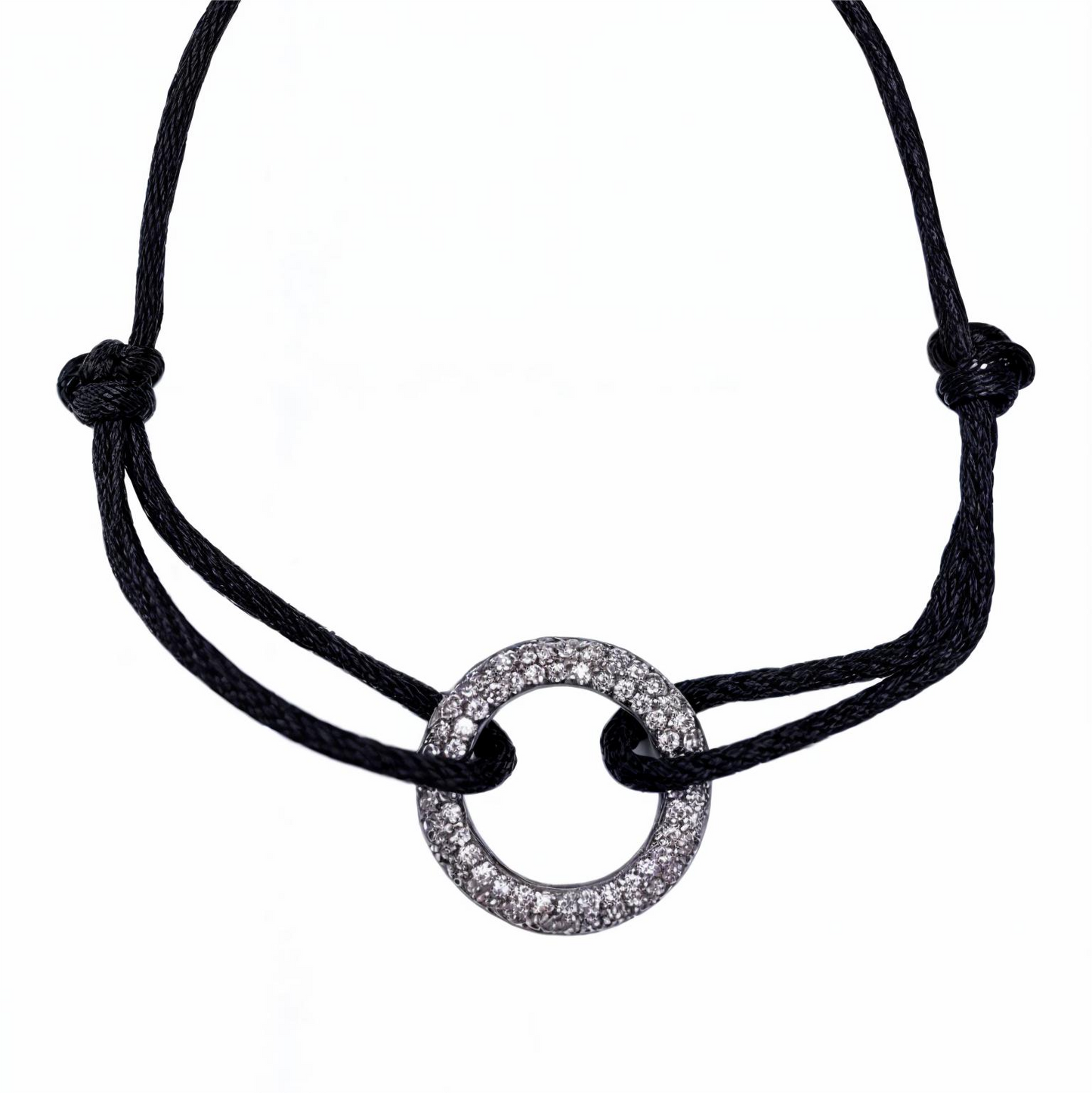 Silver Plated Circle Bracelet with Black Thread & CZ