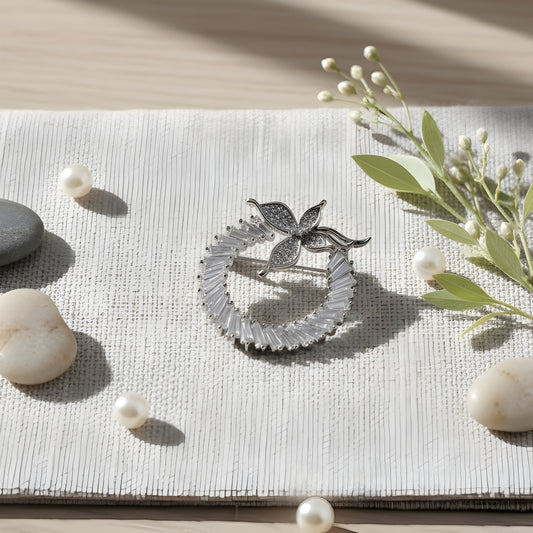 Dazzling Cubic Zirconia Flower & Wreath Lapel Pin - Silver Tone