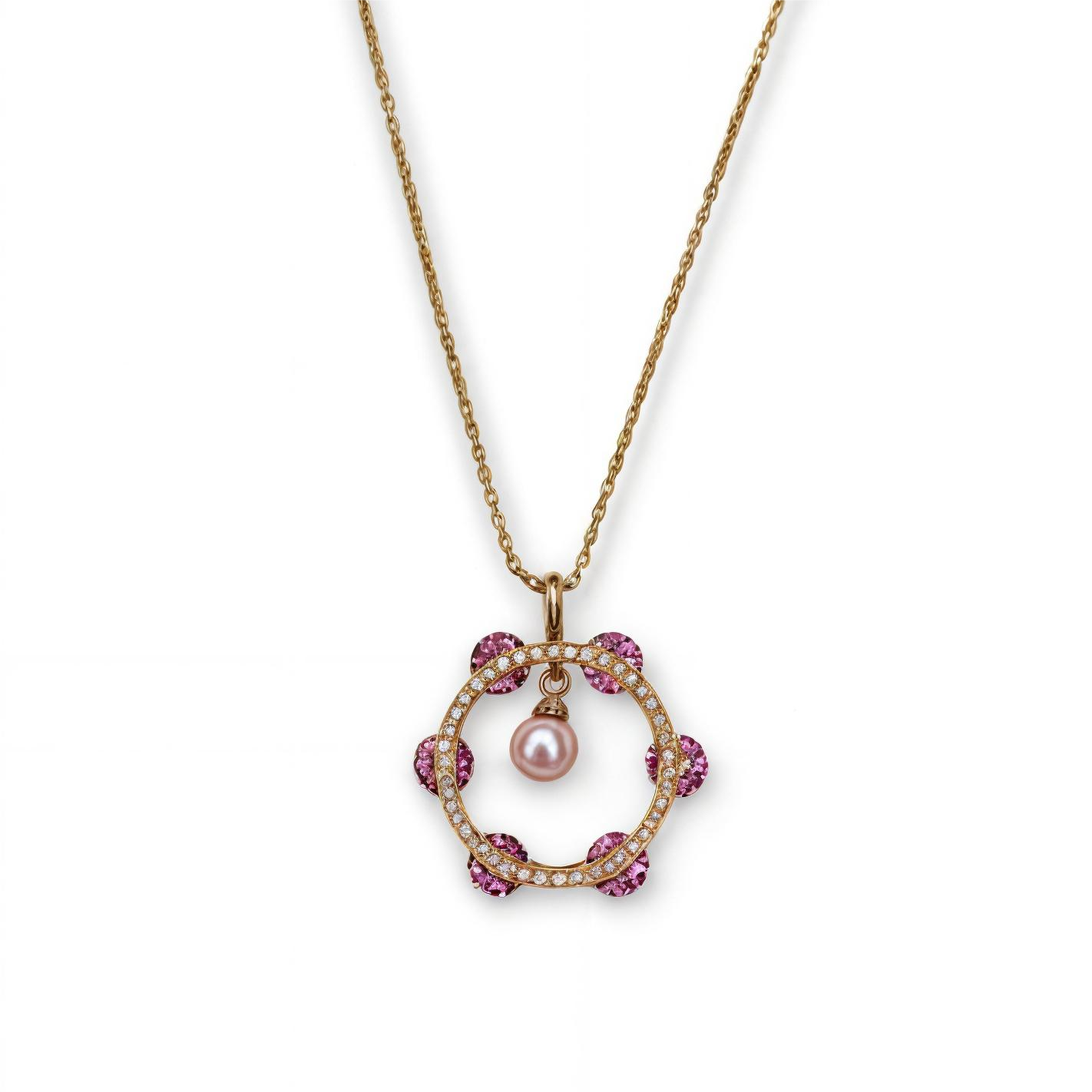 Radiant Chain Pendant with Baby Pink Stones and Pearl Drop