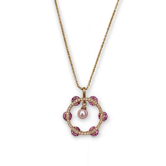 Radiant Chain Pendant with Baby Pink Stones and Pearl Drop