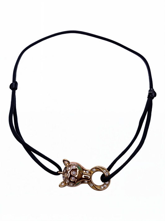 Stylish Golden Plated Panther Bracelet with Black Thread & CZ