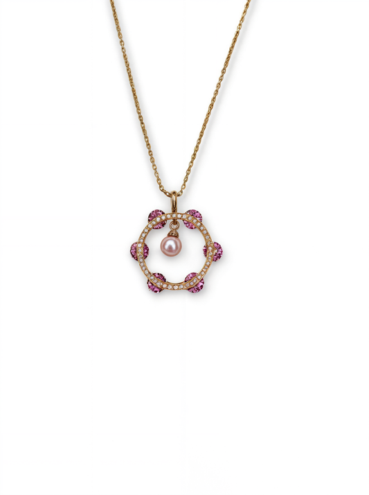 Radiant Chain Pendant with Baby Pink Stones and Pearl Drop