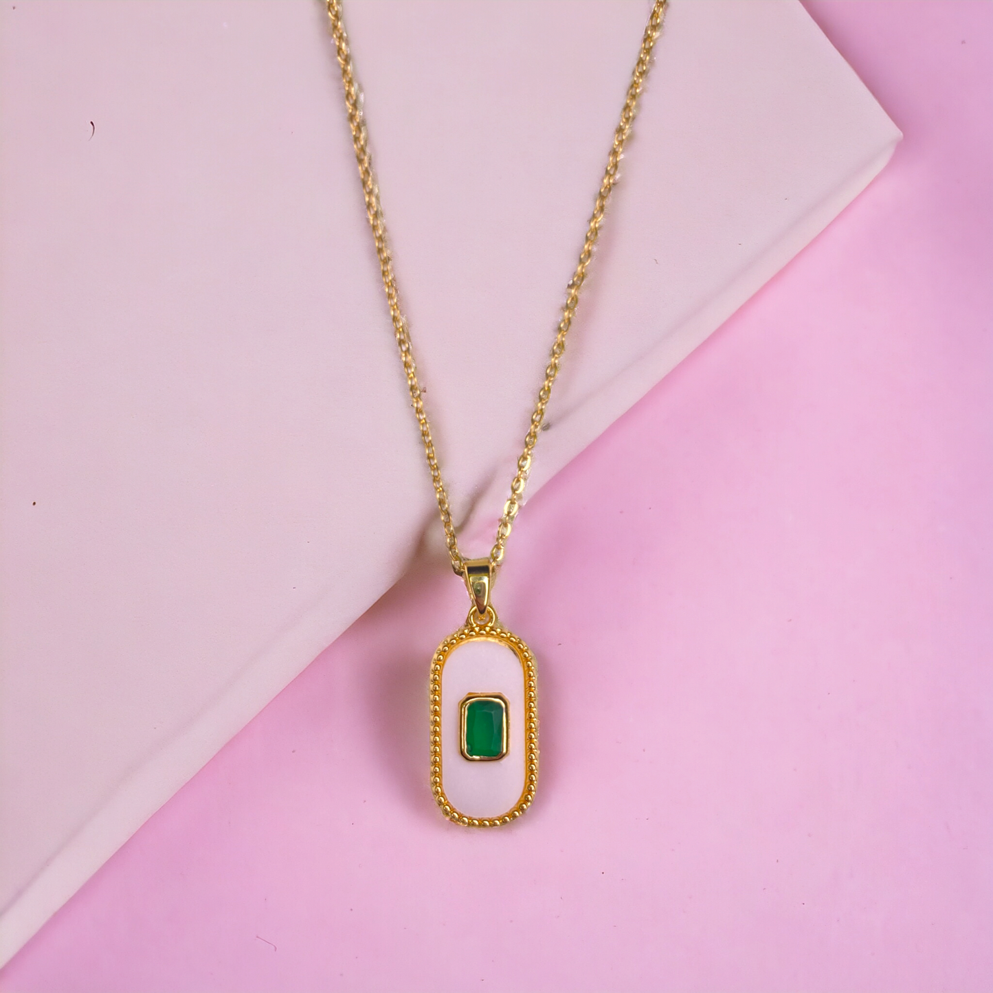 Handcrafted Green Stone Women’s Chain Pendant with White Accents