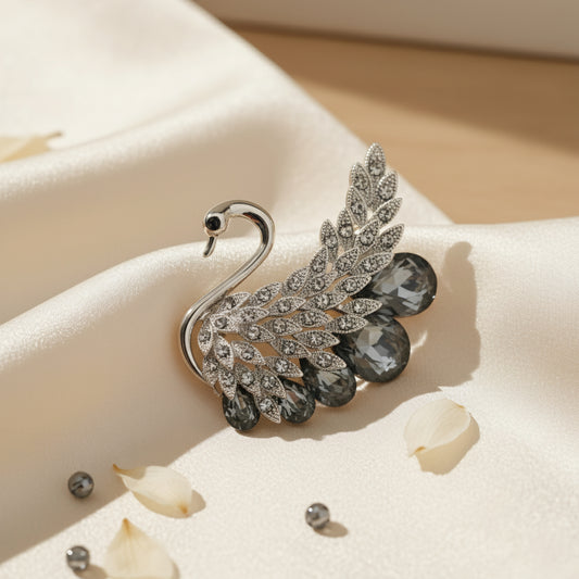 Elegant Crystal Swan Brooch Pin with Dramatic Grey Crystals