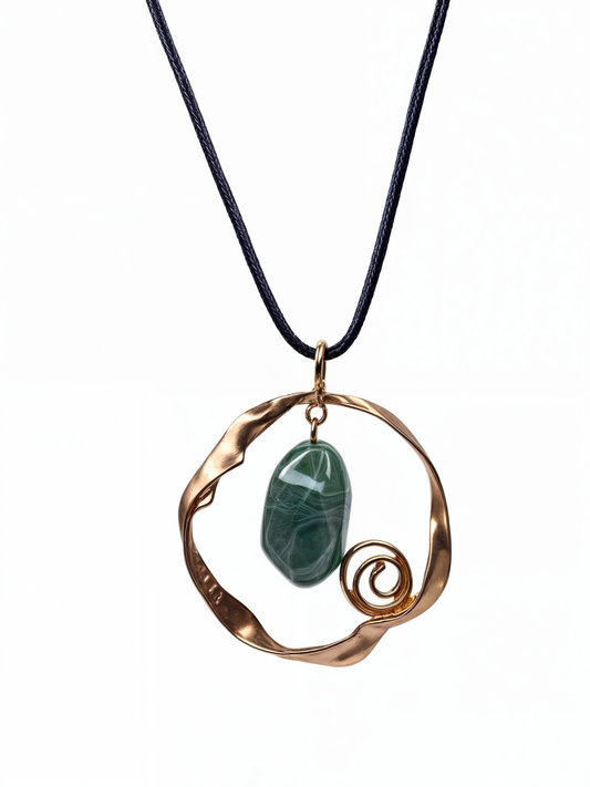 Leather Green Agate Stone Long Pendant
