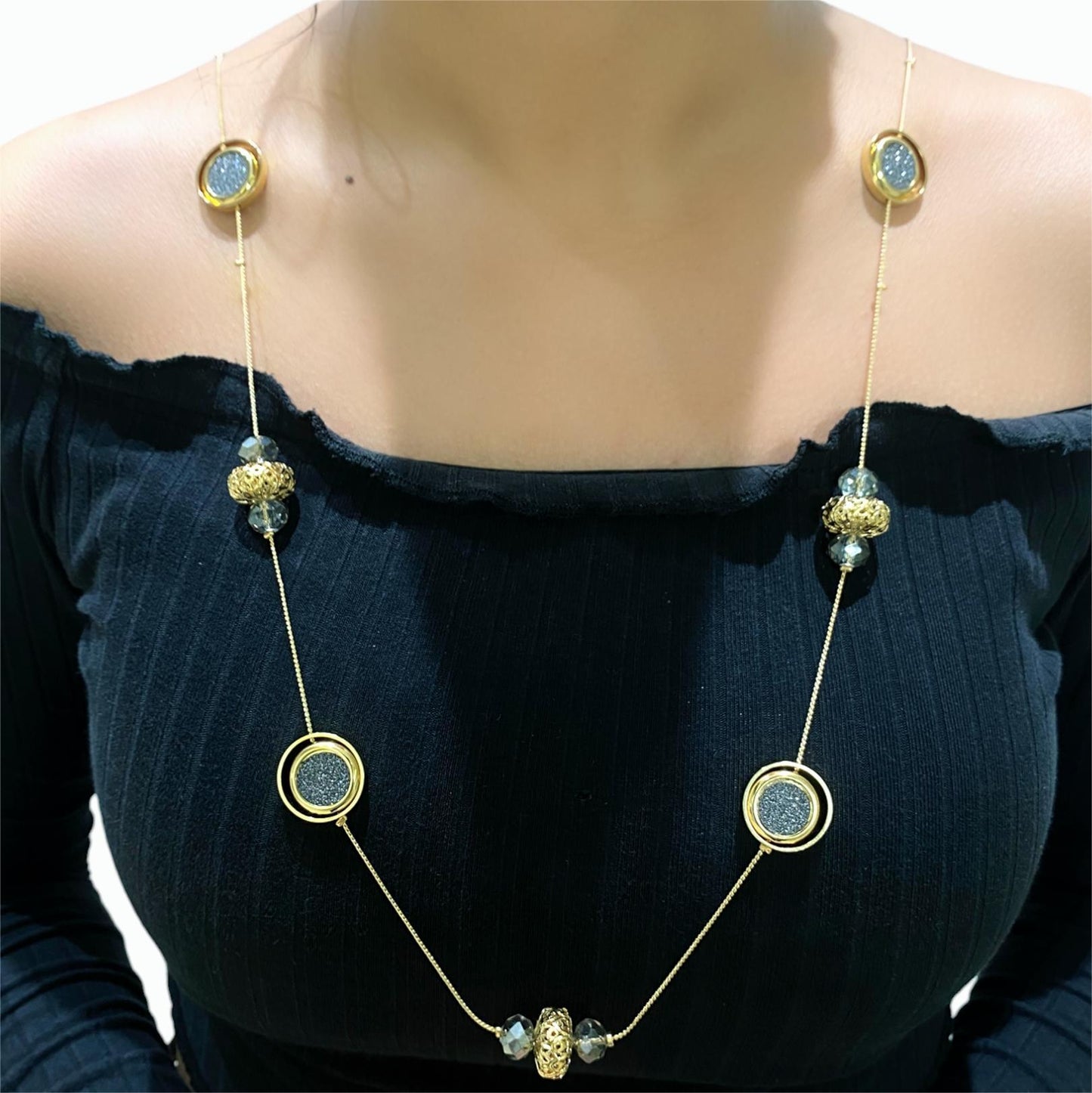 Golden Plated Long Chain with Crystal Beads