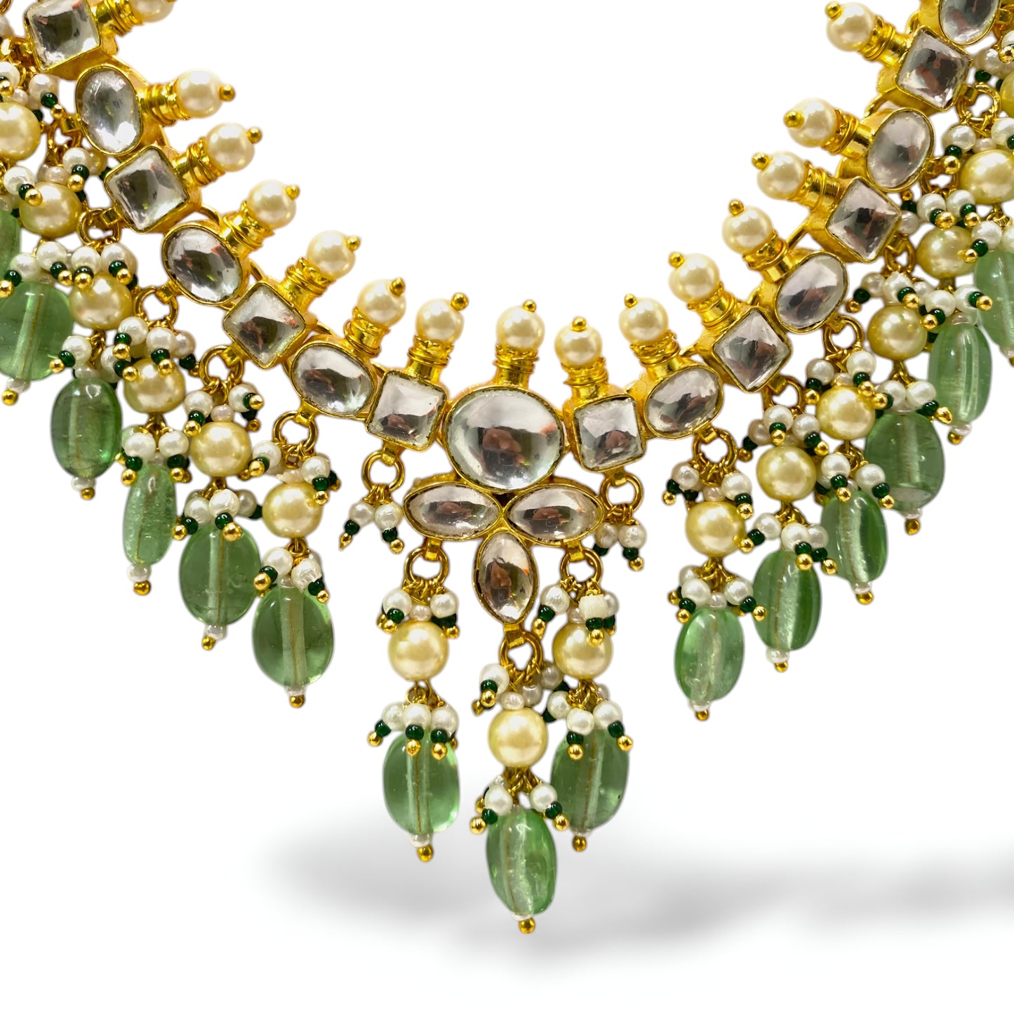 Beautiful Kundan Necklace Set with Light Green Beads Drops