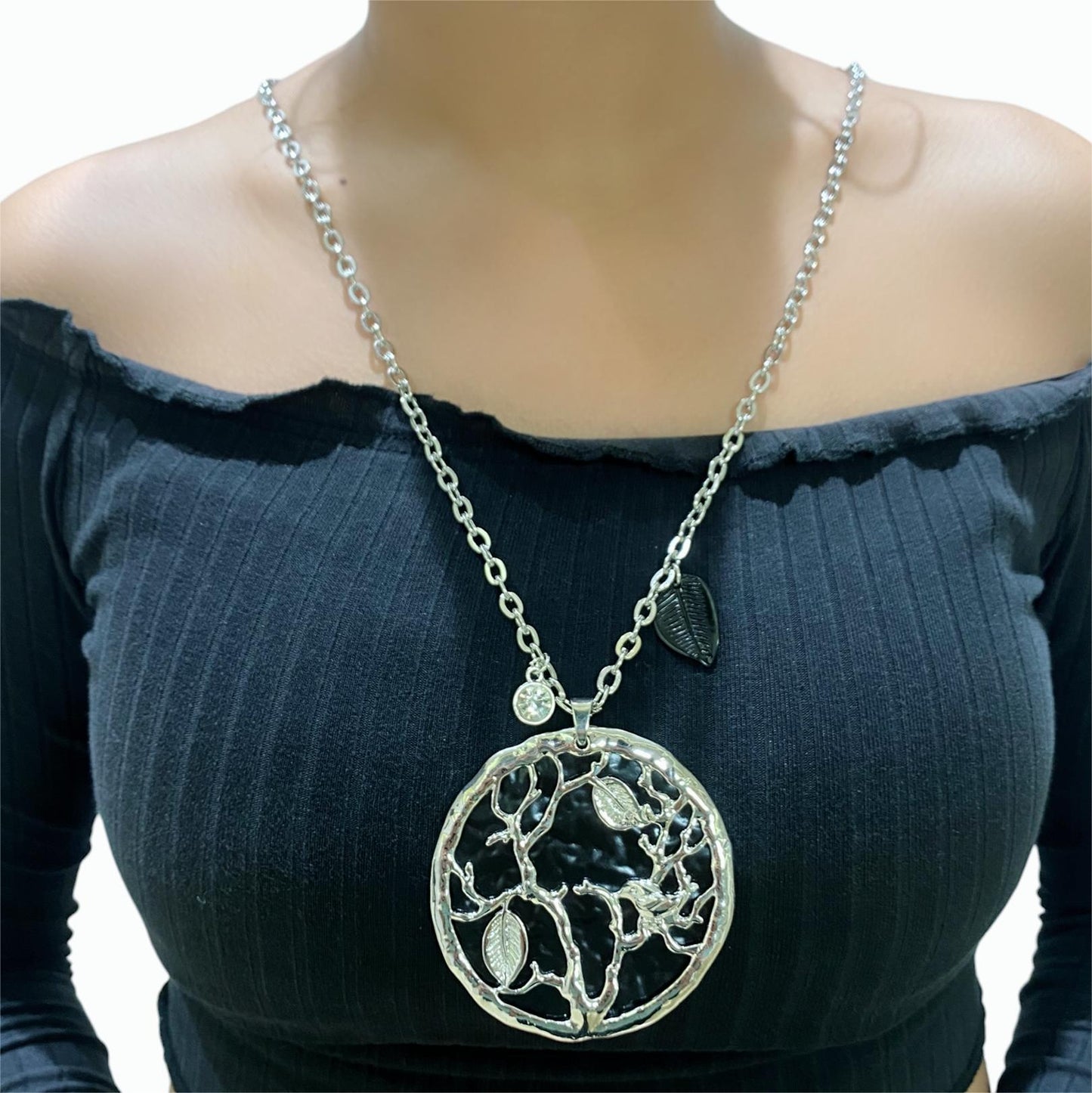 Silver Plated Black Tree Long Chain Pendant with Stone & Leaf Charm