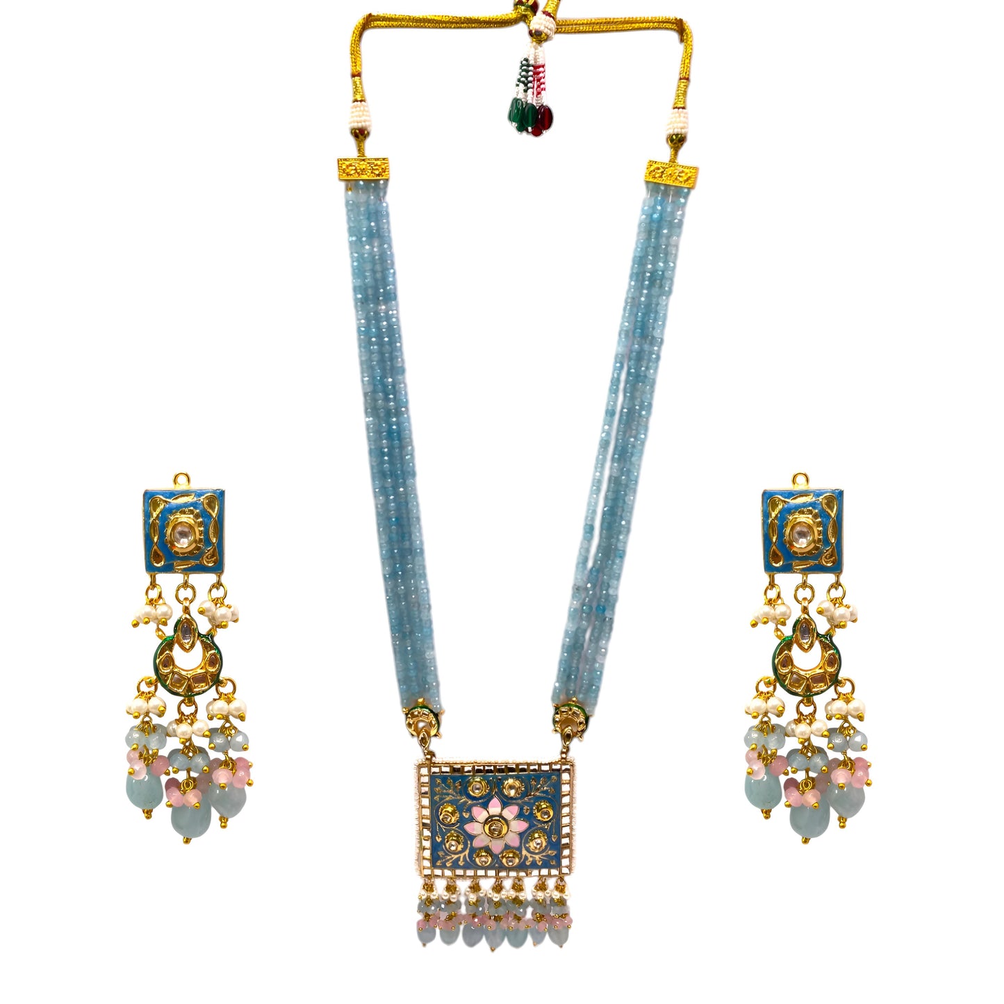 Beautiful Meenakari Kundan Long Necklace Set with Beads