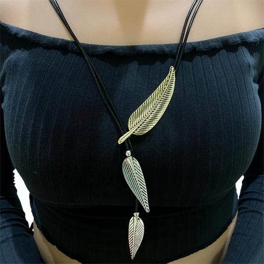 Vintage Feather Leather Long Pendant