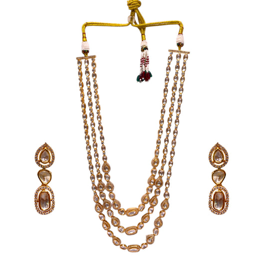 Beautiful Triple Line Long Polki Necklace Set