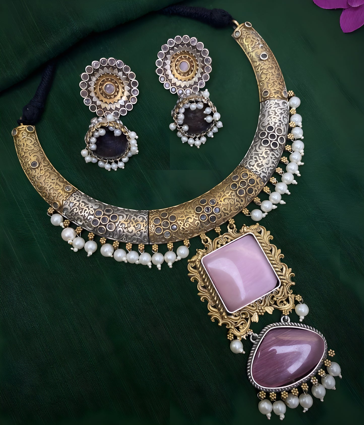 Oxidised Two Tone Hasli Necklace Set with Jhumkis