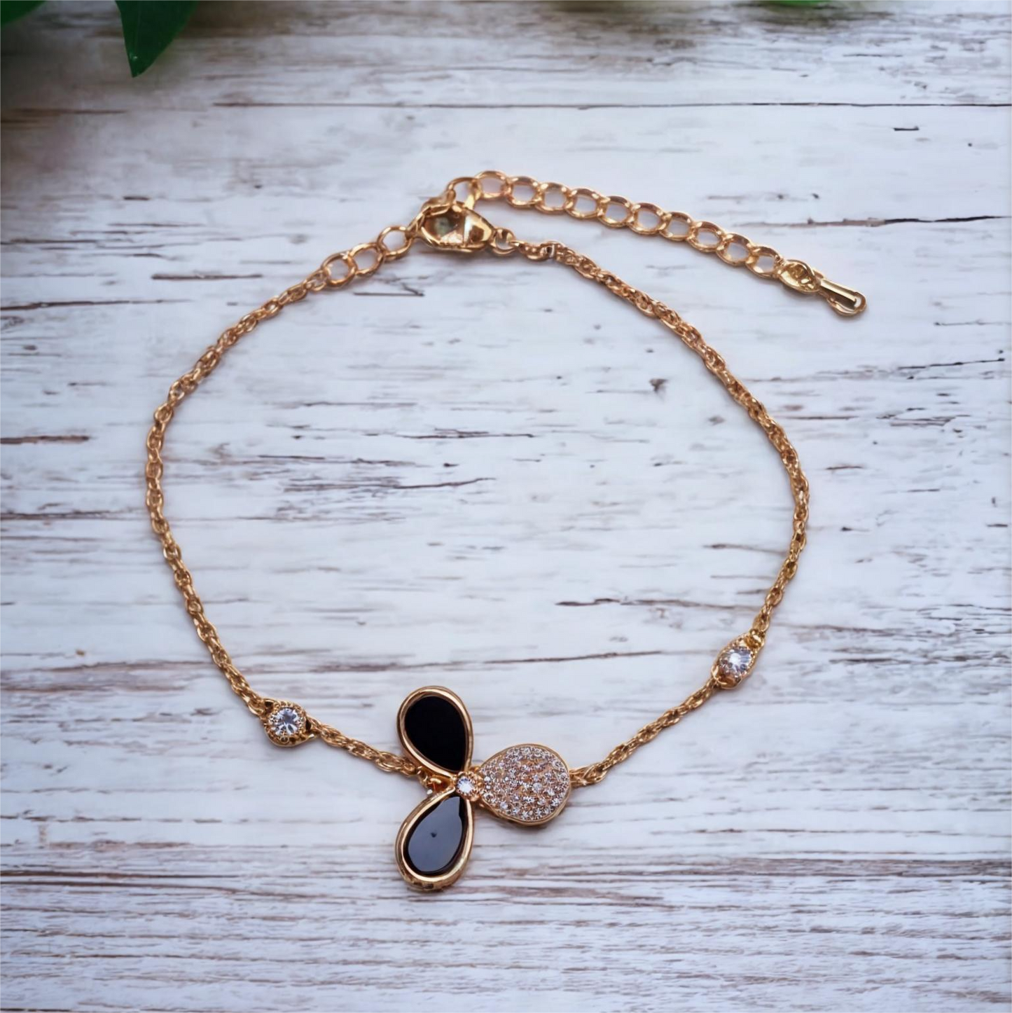 Golden Adjustable Bracelet with Zircon & Black Stone