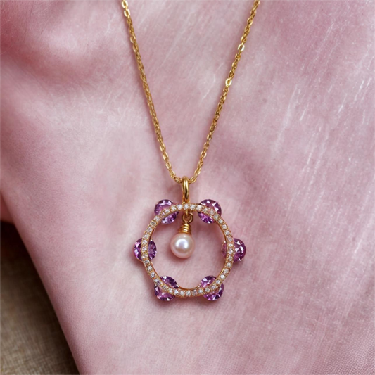 Radiant Chain Pendant with Baby Pink Stones and Pearl Drop