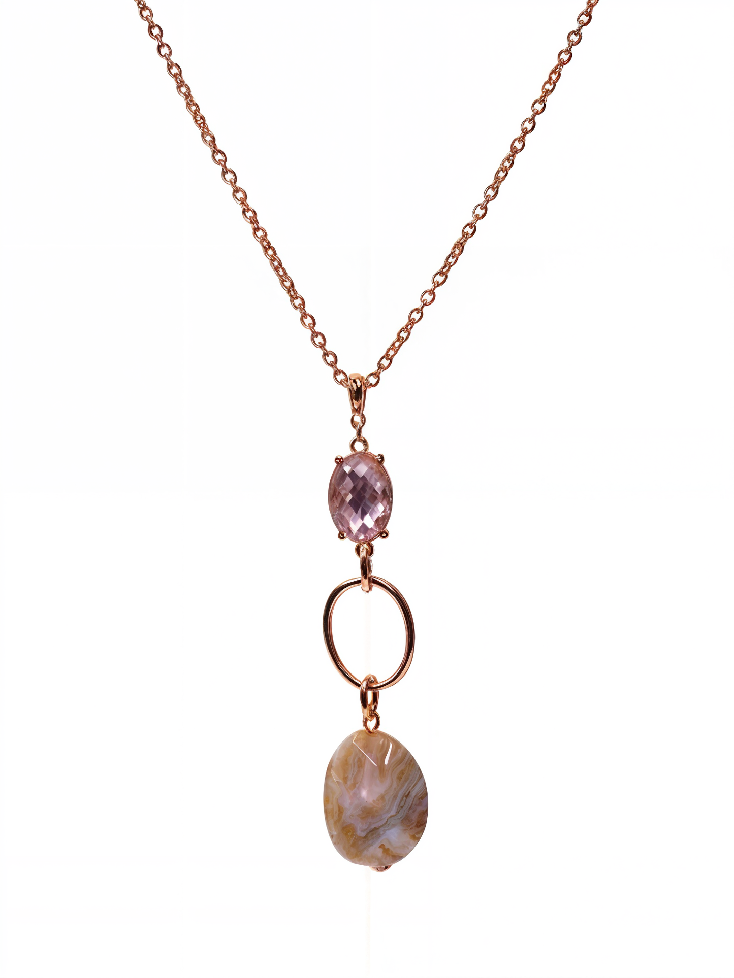 Golden Plated Crystal Stone Long Chain Pendant with Pebble Stone
