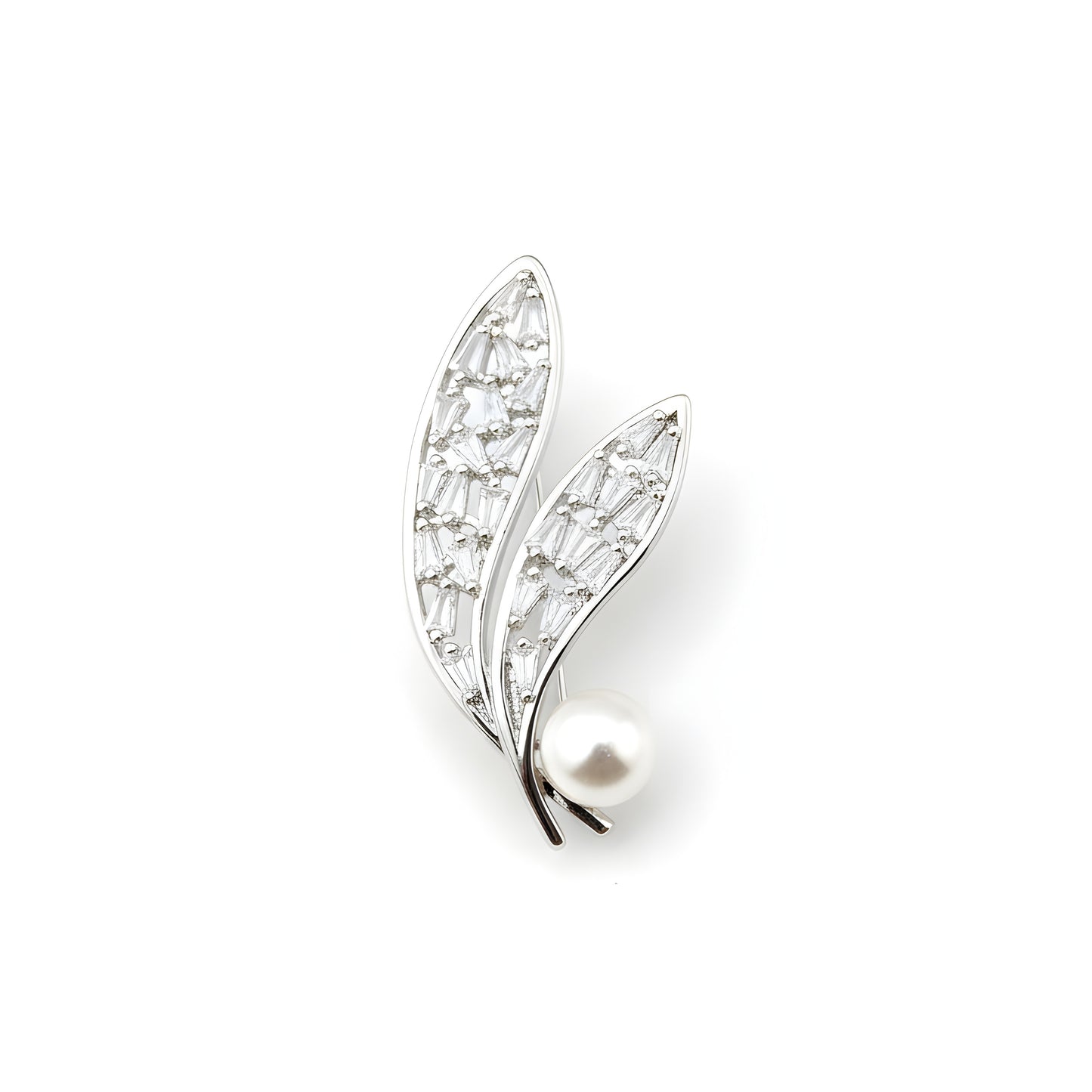 Elegant Baguette Crystal Leaf Brooch Pin with Pearl Accent