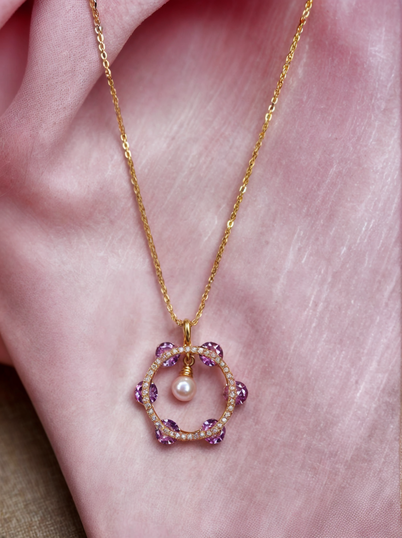Radiant Chain Pendant with Baby Pink Stones and Pearl Drop