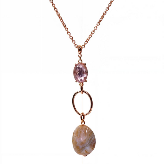 Golden Plated Crystal Stone Long Chain Pendant with Pebble Stone