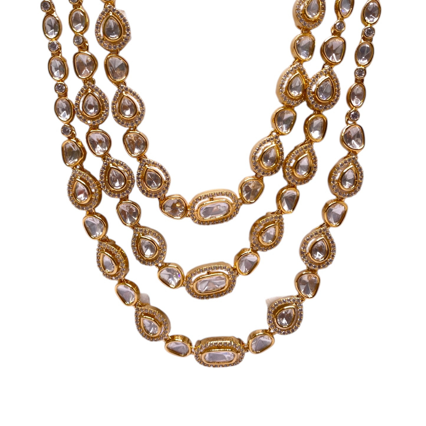 Beautiful Triple Line Long Polki Necklace Set