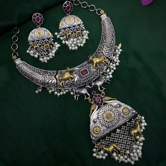 Antique Oxidised Two Tone Hasli Necklace Set with Hanging Pearls