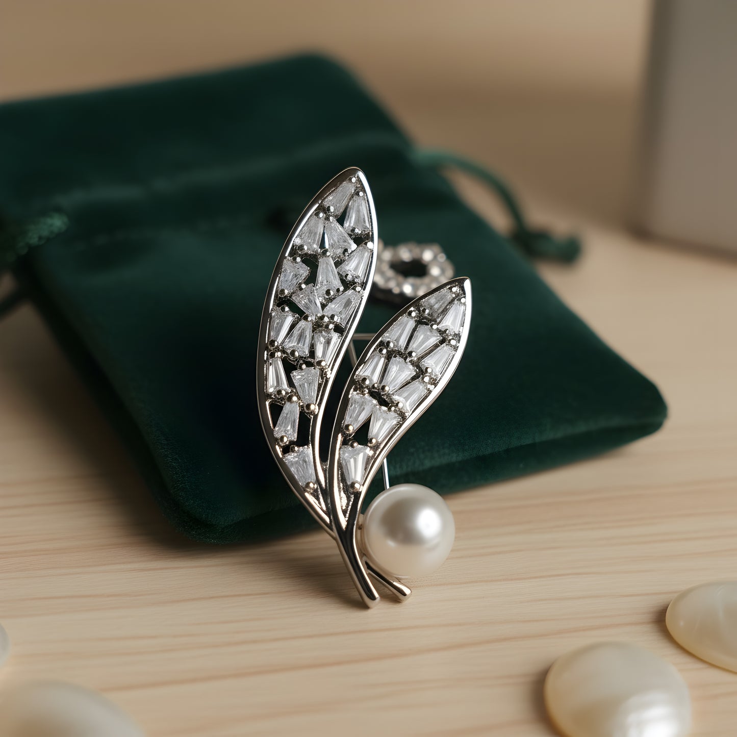 Elegant Baguette Crystal Leaf Brooch Pin with Pearl Accent