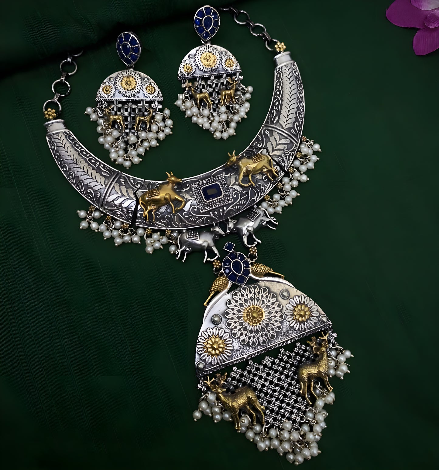 Antique Oxidised Two Tone Hasli Necklace Set with Hanging Pearls