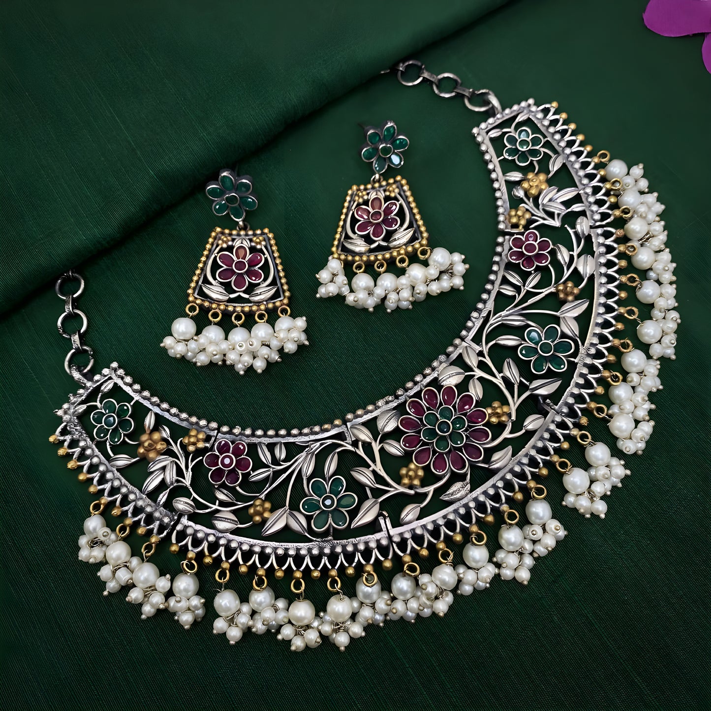 Dual Tone Afghani Oxidised Floral Choker Necklace Set with Hanging Pearls