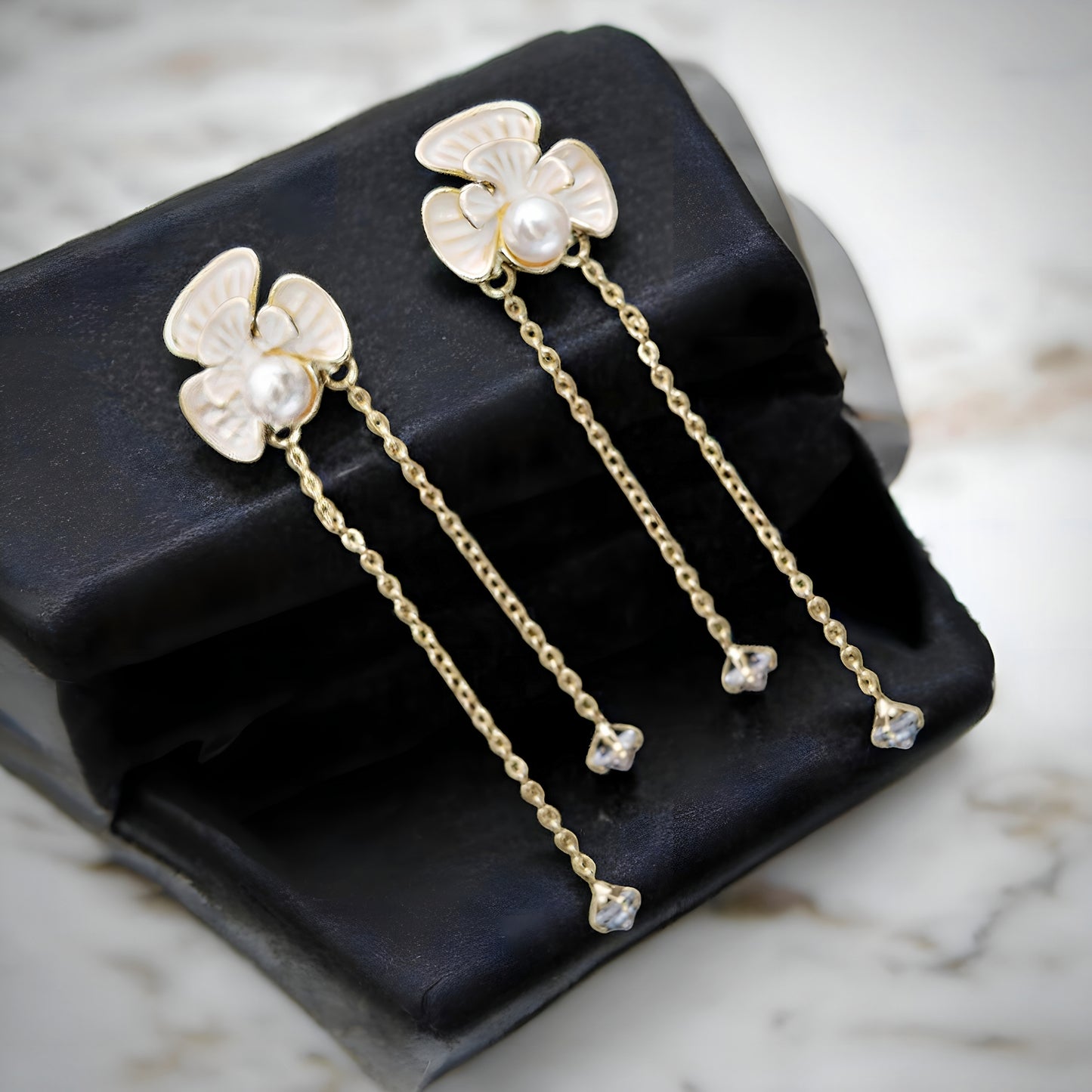 Beautiful Golden Korean Design Floral Danglers with Pearl & Hanging Stones