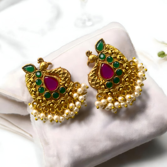 Antique Golden Plated Peacock Design Earrings with Hanging Pearls