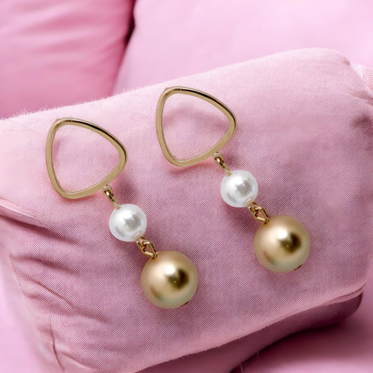 Stylish Golden Plated Drop Danglers with Golden & White Pearl