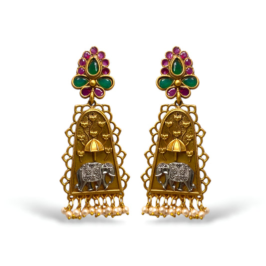 Antique Golden Oxidised Elephant Design Danglers