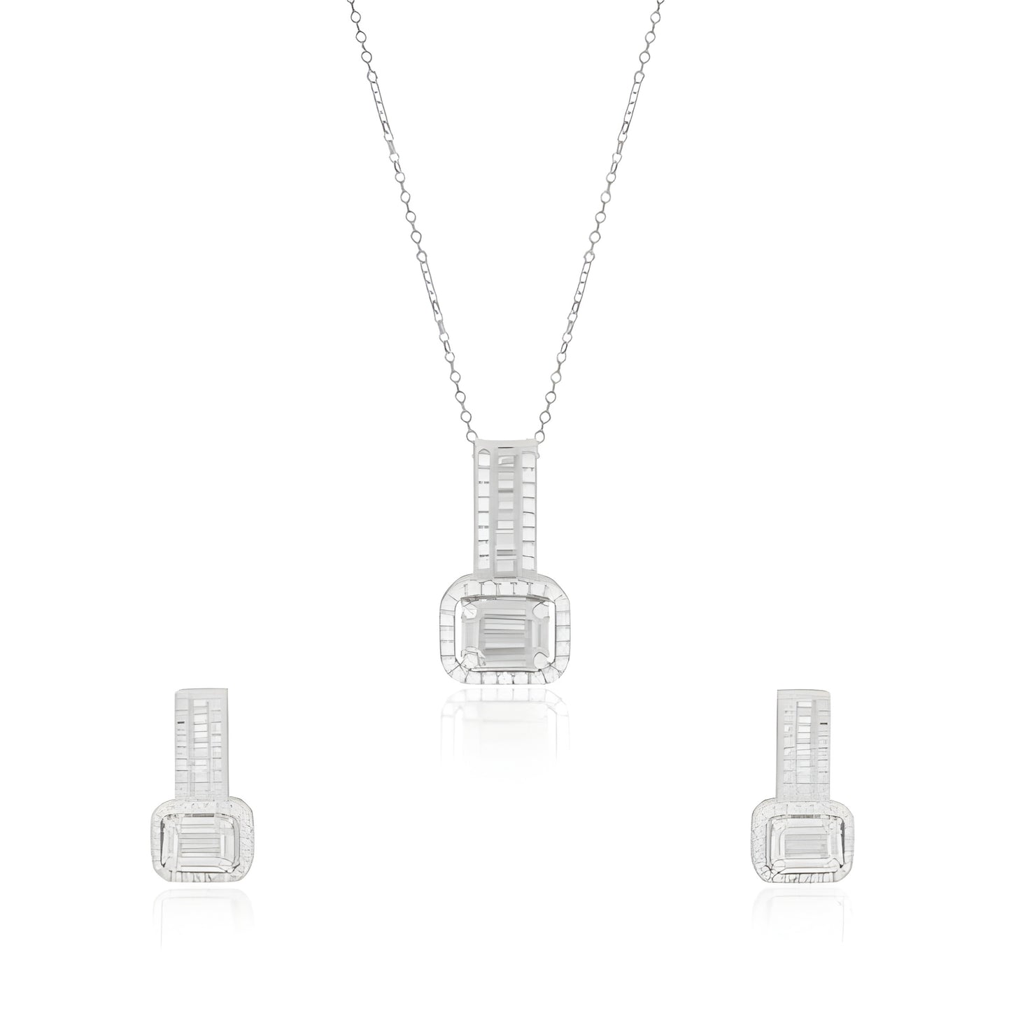 Beautiful Rectangular Baguettes Single Chain Pendant Set with Studs