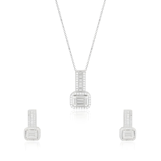 Beautiful Rectangular Baguettes Single Chain Pendant Set with Studs