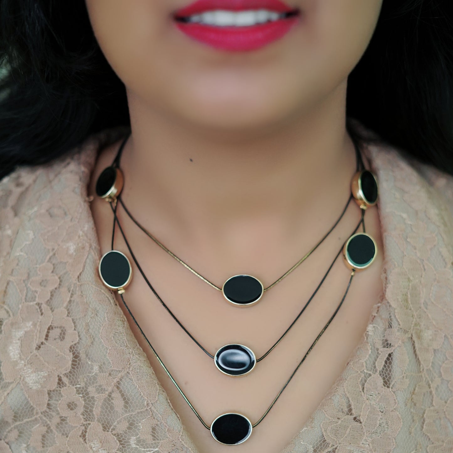 Multi Layer Black Faux Onyx Stone Necklace