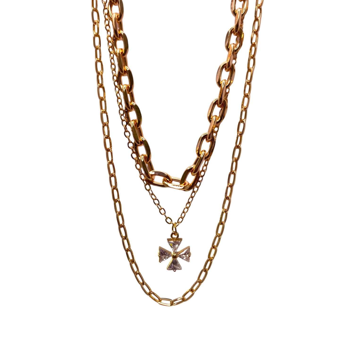 Multi Layer Gold Plated Korean Necklace with Floral CZ Stone