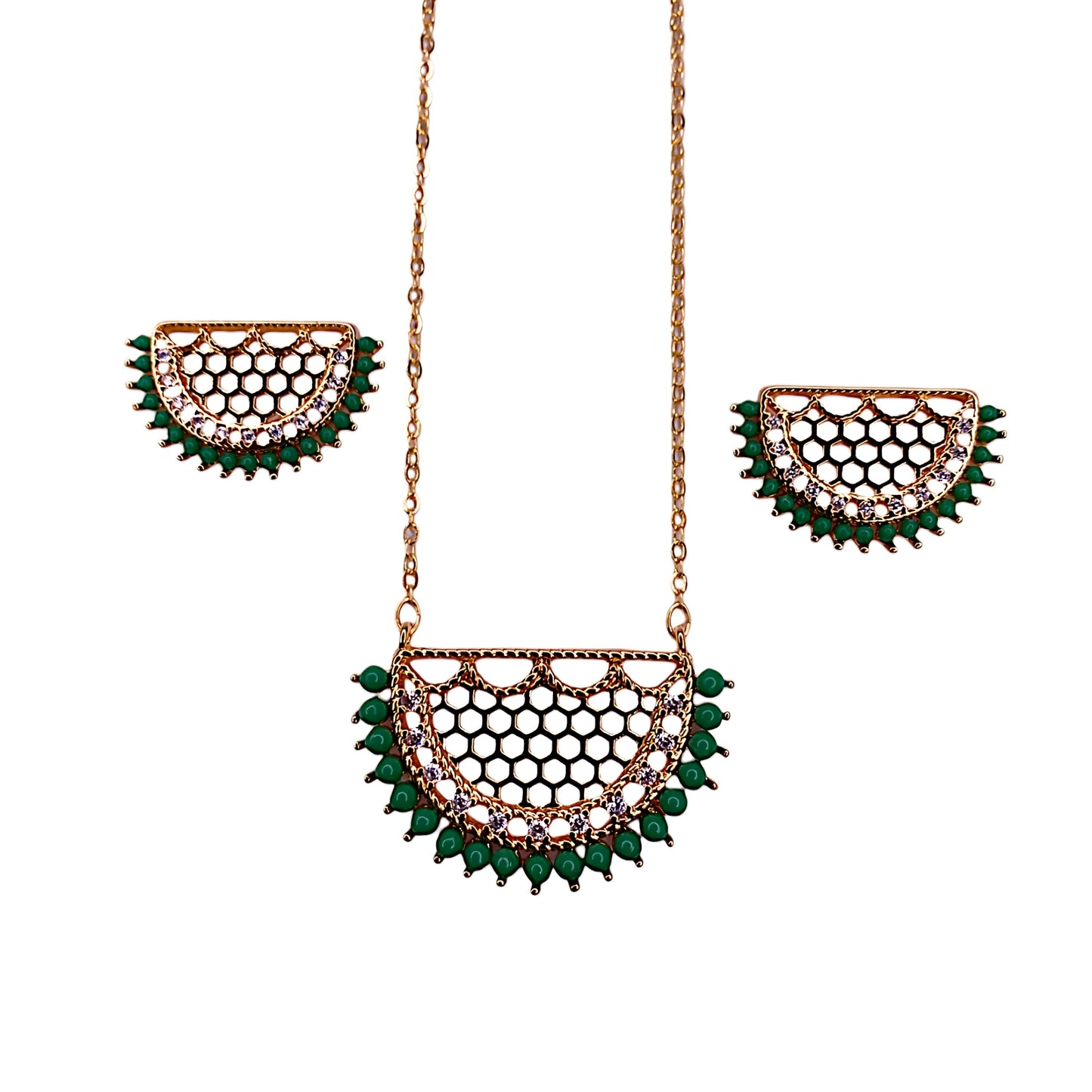 Arabian Style Pendant Set with Green Beads and Stones