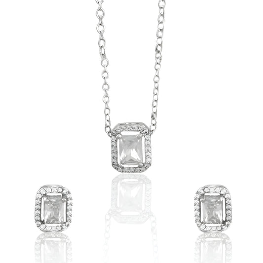 Beautiful Emerald Cut Single AD Solitaire Chain Pendant Set with Studs