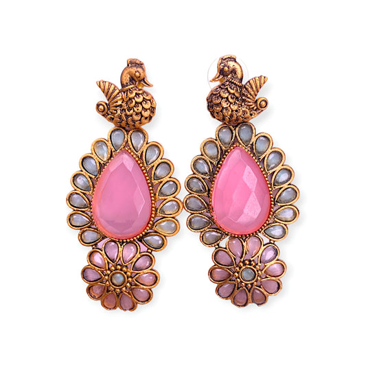 GOLD OXIDISED With Gold PLATED AD EARRINGS WITH BABY PINK CARVING STONE