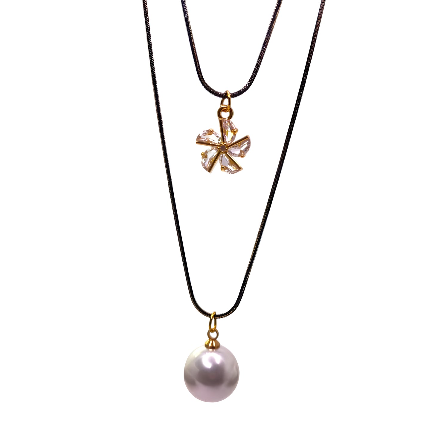 Radiant Floral Pendant with Pearl 2 Layer Necklace