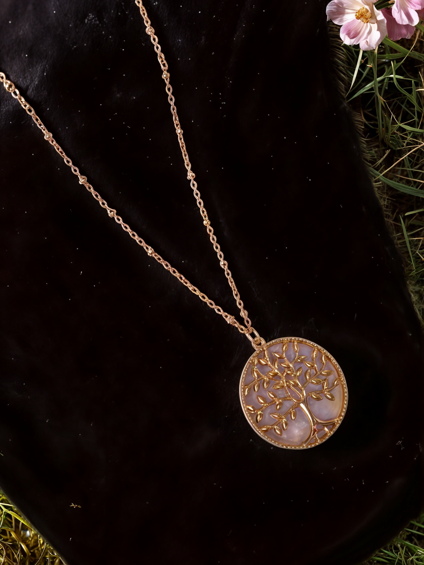 Golden Plated Tree of Life Long Chain Pendant with Shell stone