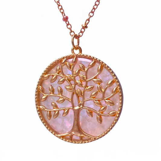 Golden Plated Tree of Life Long Chain Pendant with Shell stone