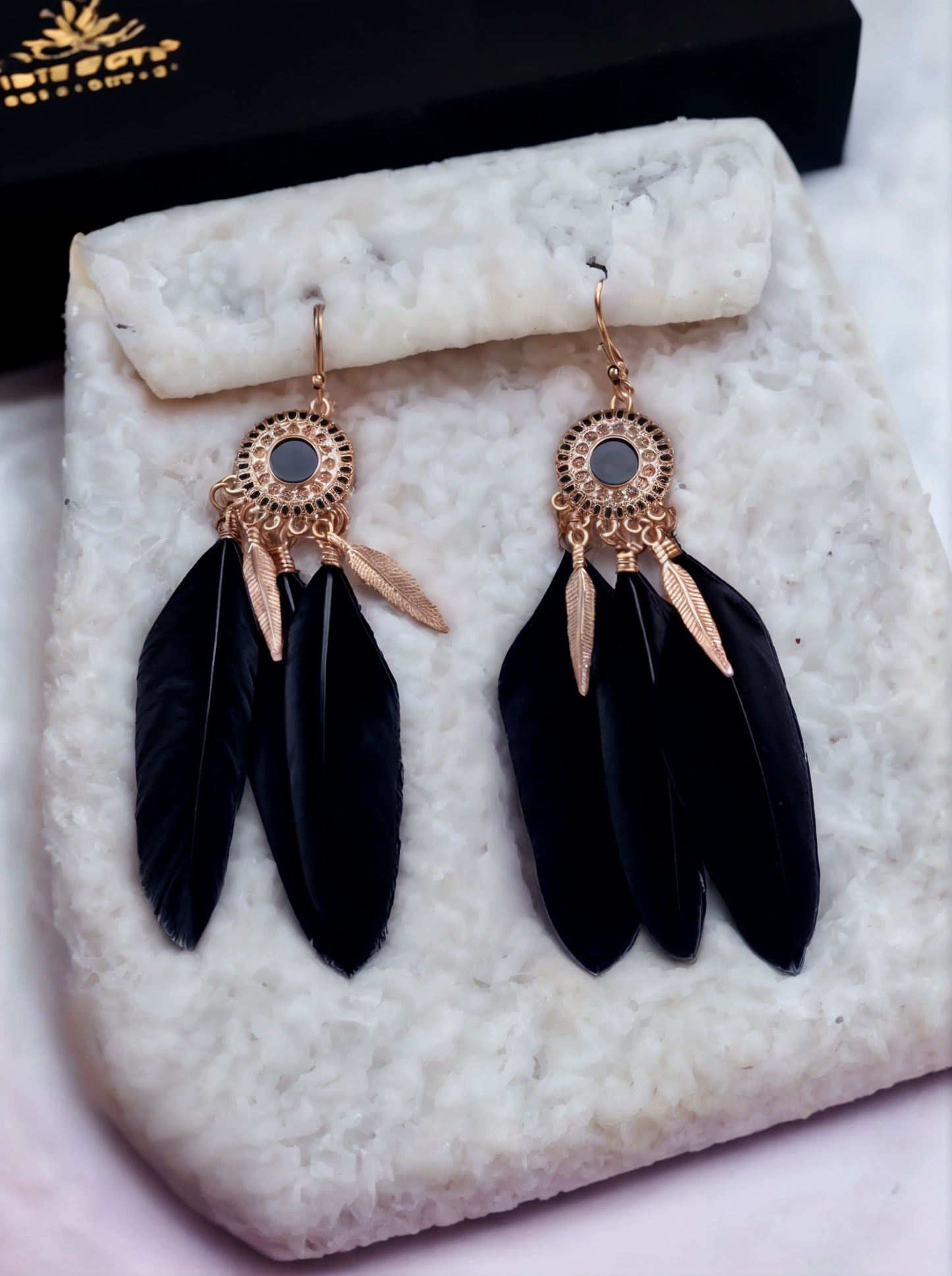 Boho Golden Plated Black Feather Danglers