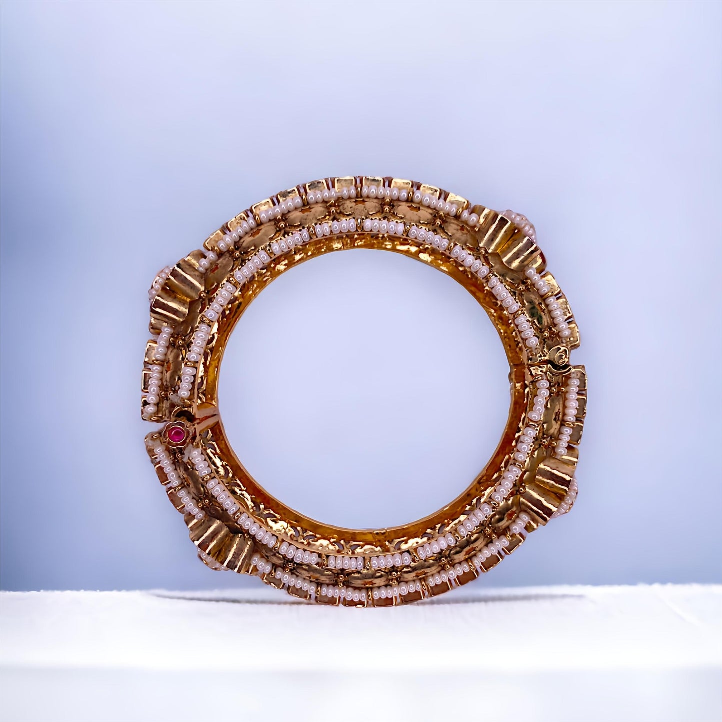 Flexible GOLD PLATED KUNDAN POLKI BANGLE WITH MOTI & STONE