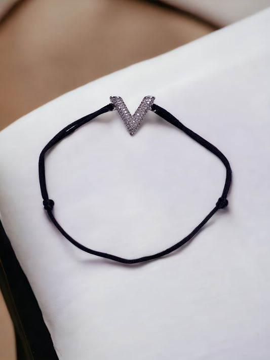 Vintage V Letter Bracelet with Black thread & CZ