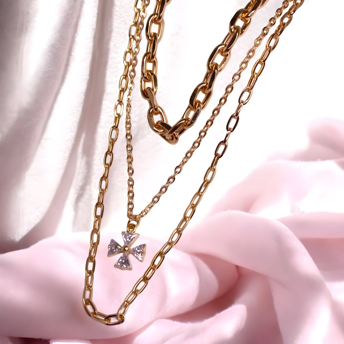 Multi Layer Gold Plated Korean Necklace with Floral CZ Stone