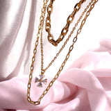 Multi Layer Gold Plated Korean Necklace with Floral CZ Stone