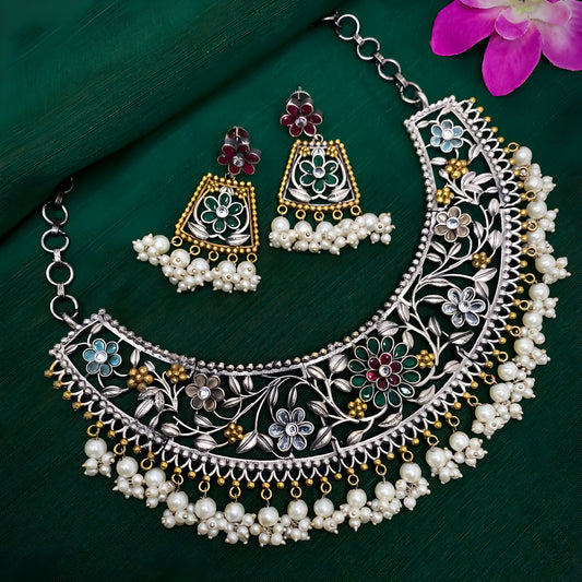 Dual Tone Afghani Oxidised Floral Choker Necklace Set with Hanging Pearls