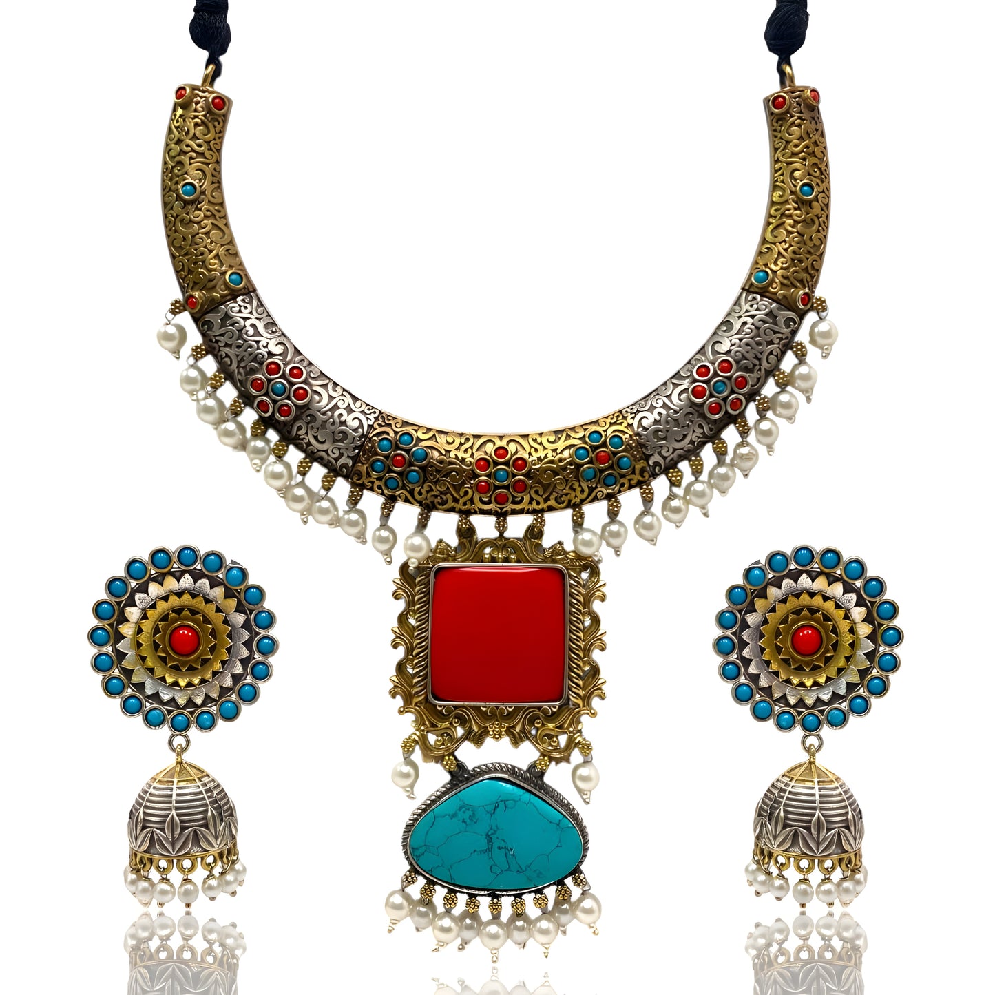 Oxidised Two Tone Hasli Necklace Set with Jhumkis