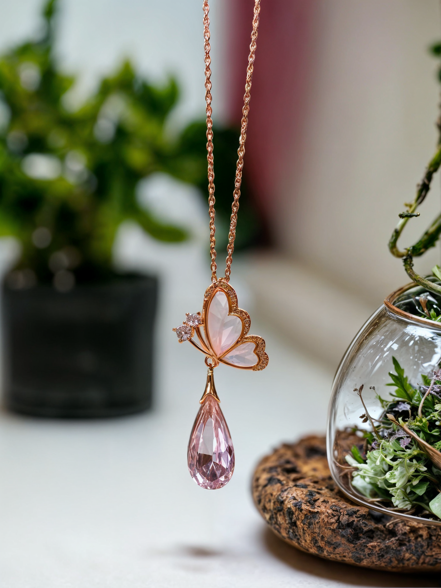 Butterfly Pendant with Pink Drop Stone
