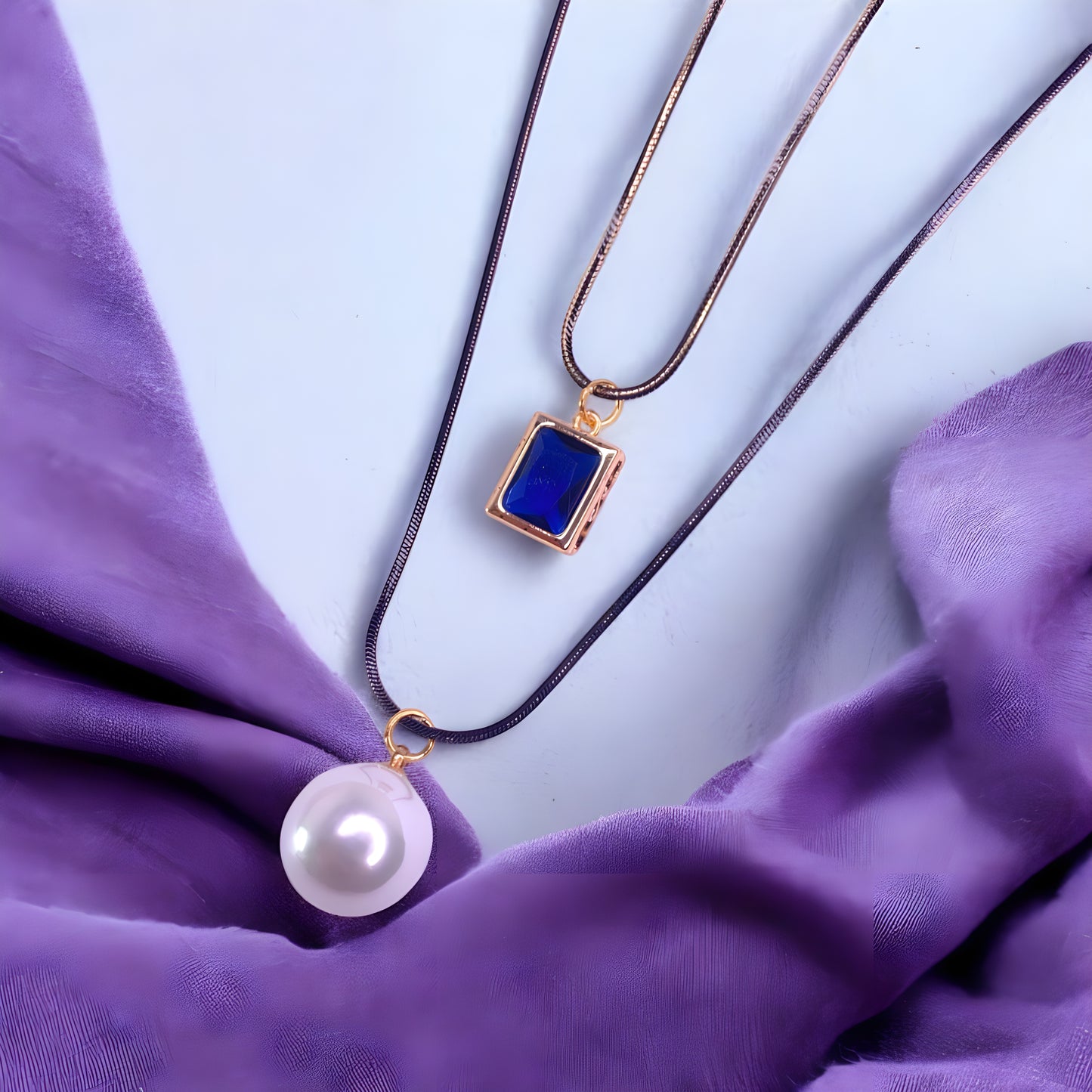 Radiant Blue Sapphire Pendant with Pearl 2 Layer Necklace